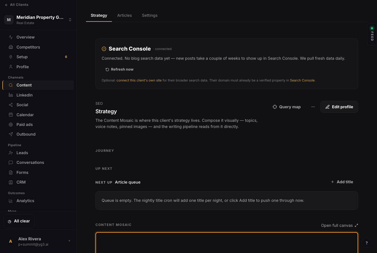 The Content Strategy tab: Search Console, the SEO strategy, and the article queue