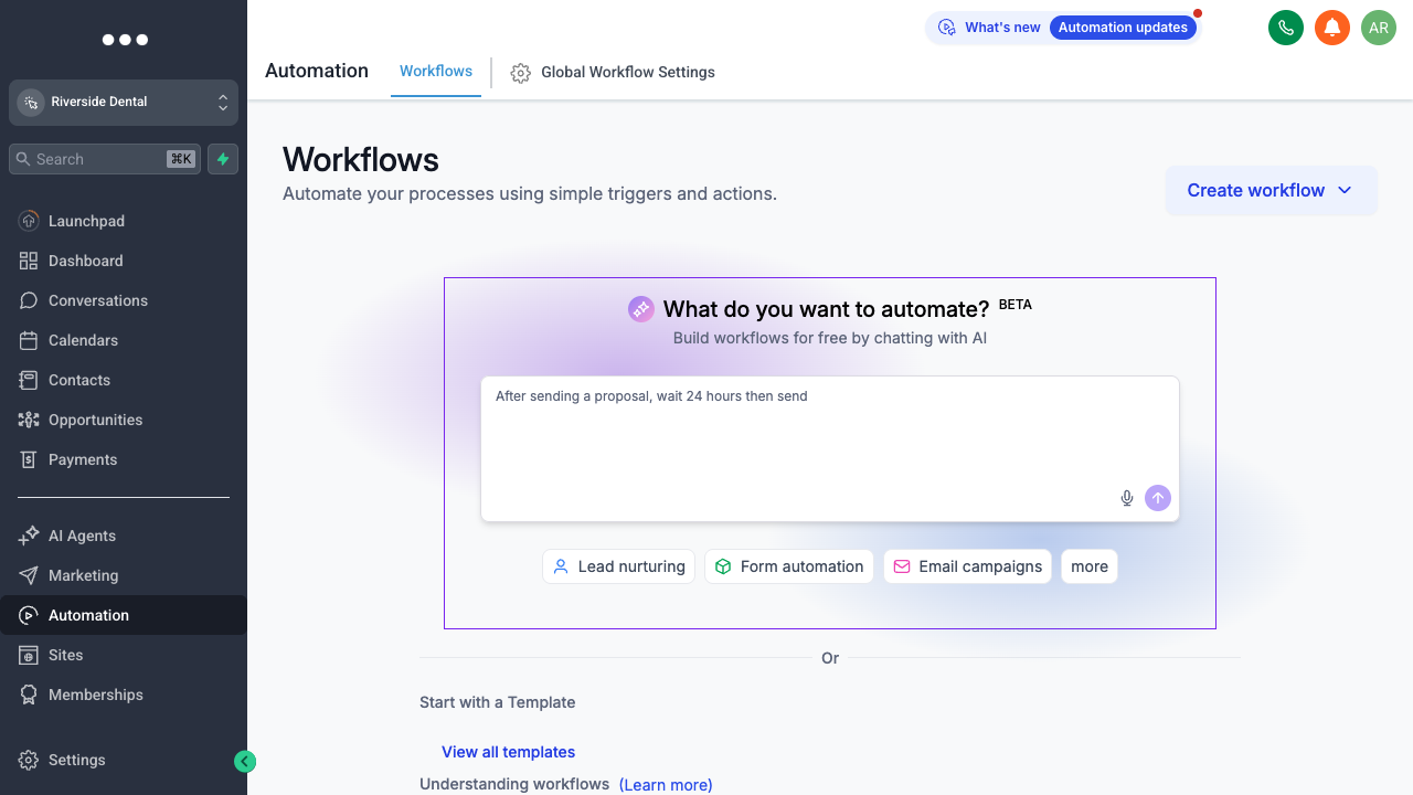 The Workflows automation builder in GoHighLevel