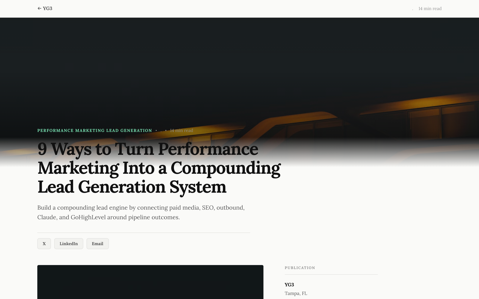 A published article on a YG3 publication subdomain: a long-form performance-marketing piece with its own byline and reading time