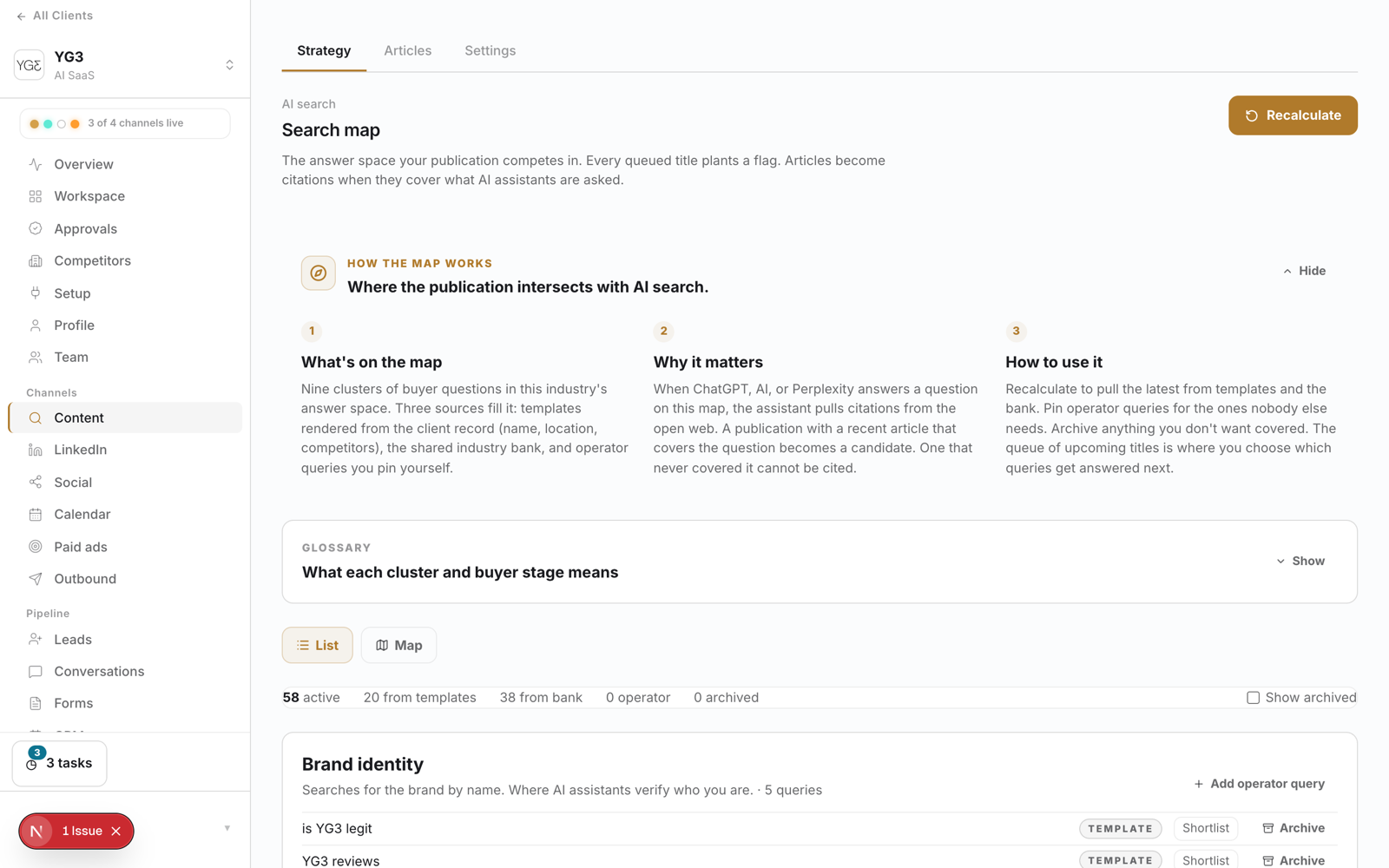 The search map: clusters of buyer questions the client's publication competes in, sourced from templates, an industry bank, and operator queries